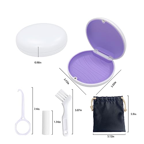 Retainer Case,Cute Slim Aligner Case Compatible with Invisalign,Retainer Holder with Aligner Remover Tool, Chew & Brush,Rope Bag (White Shell Purple Silicone)
