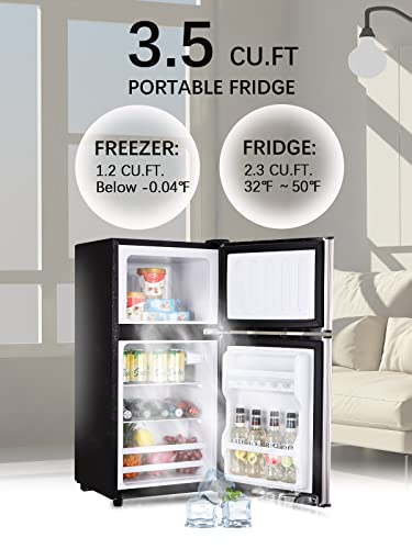KRIB BLING Mini Fridge with Freezer on Top, 3.5 Cu.Ft Compact Refrigerator with 7 Levels Adjustable Thermostat, Small Refrigerator for Dorm, Office, Apartment, Silver