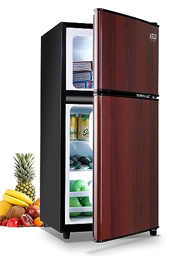 KRIB BLING Mini Fridge With Freezer,3.5 Cu. Ft Compact Refrigerator With 2 Doors,7- Level Adjustable Thermostat, Removable Glass Shelves For Bedroom, Office, Kitchen, Apartment, Dorm,Wood