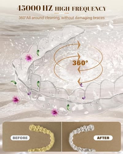 Ultrasonic Retainer Cleaner, 200ML Denture Cleaner for Mouthguard, Aligner and All Dental Appliance with 4 Digital Timer, 45kHz Diamond Cleaner for Rings Jewelry Cleaning, with Cleaning Basket