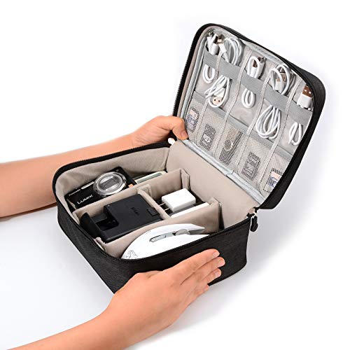Electronic Organizer Travel Universal Cable Organizer Electronics Accessories Storage Bag Gadget Gear Cases for iPad Mini, Kindle, Smartphone, Cable, Charger, Power Bank, USB, SD Card (Black)