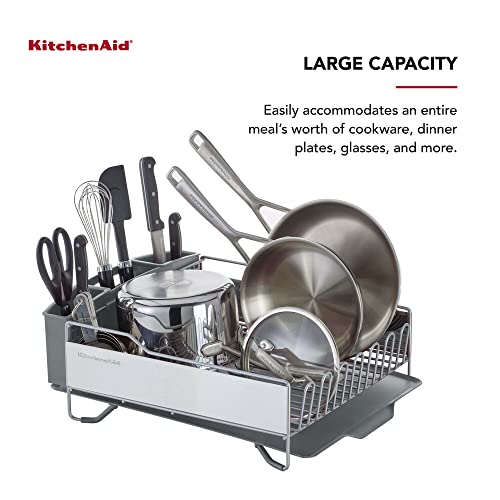KitchenAid Large Capacity,Full Size, Rust Resistan Dish Rack with Self Draining Angled Drain Board and Removable Flatware Caddy, Light Grey, Gray