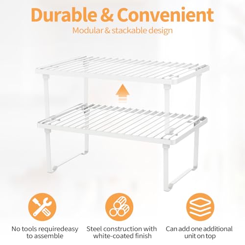 Amazon Basics Stackable Metal Kitchen Storage Shelves, Set of 2 - White, 12.5" L x 8" D x 4.5" H