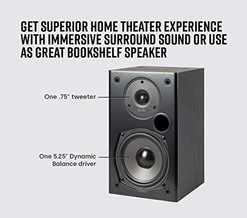Polk Audio T15 100 Watt Home Theater Bookshelf Speakers – Hi-Res Audio with Deep Bass Response, Dolby and DTS Surround, Wall-Mountable, Pair, Black