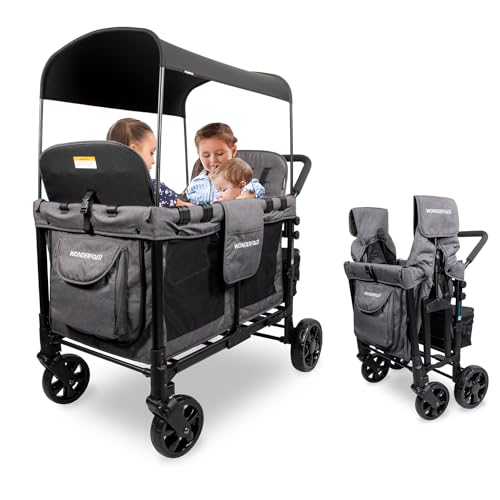 WONDERFOLD W4 Original Quad Stroller Wagon (4 Seater) - Collapsible Wagon Stroller with Seats with 5-Point Harnesses, Easy Access Zipper Door, and Removable Sun Canopy, Gray