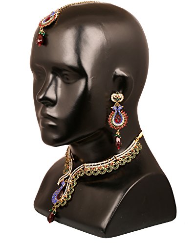 Touchstone Indian Bollywood White Rhinestone Blue Faux Sapphire deep red Faux Ruby and Faceted Glass Drops Ethnic Peacock Motif Bridal Designer Jewelry Necklace Set for Women in Antique Gold Tone