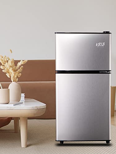 KRIB BLING Mini Fridge With Freezer,3.5 Cu. Ft Refrigerator With 2 Doors,7- Level Adjustable Thermostat, Removable Glass Shelves For Bedroom, Office, Kitchen, Apartment, Dorm, Silver