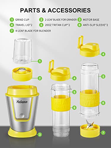 Personal Blender with 2 x 20oz Travel Bottle and Coffee/Spices Jar, Portable Smoothie Blender and Coffee Grinder in One, 500W Single Serve Blender for Shakes and Smoothies, BPA free(Yellow)