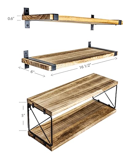2 Moons Floating Shelves, Real Wood Wall Mounted for Bathroom, Living Room, Bedroom, Kitchen, 4 Shelf Group for Books, Storage, Plants, Decor, Over Toilet Paper (Light Brown)