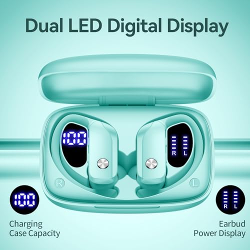 bmani Wireless Earbuds Bluetooth Headphones 48hrs Play Back Sport Earphones with LED Display Over-Ear Buds with Earhooks Built-in Mic Headset for Workout Mint Green