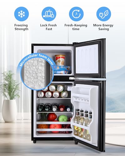 3.5 Cu. Ft. Capacity Double-door Compact Fridge with Freezer and 7-Level Thermostat, Compact Convenience and Energy Savings, Ideal for Apartments, Dorms, Home Offices and Bars, Black Color