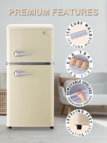 KRIB BLING 3.5 Cu.ft Compact Refrigerator, Mini Fridge with Freezer, Retro Design Small Refrigerator with 2 Door, 7 Level Thermostat for Home, Office, Dorm or Apartment, Cream white