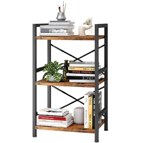 Bookshelf, 3 Tier Industrial Bookcase, Metal Small Bookcase, Rustic Etagere Book Shelf Storage Organizer for Living Room, Bedroom, and Home Office(Rustic Brown) Patent Pending D29873033