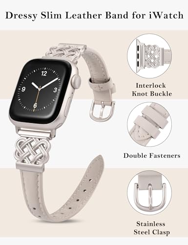 TOYOUTHS Leather Band Compatible with Apple Watch Bands 38/40/41/42/44/45/49mm Women, Slim Leather Strap with Designer Dressy Interlock Buckle for iWatch Series 9/8/7/6/5/SE/4/3/2/1 Ultra/Ultra 2