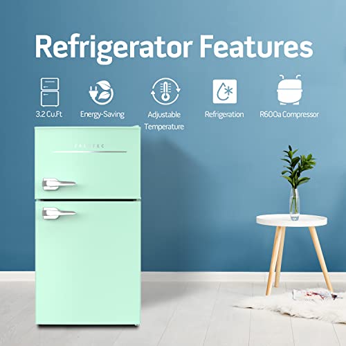 Frestec 3.2 Cu.Ft Mini Fridge for Bedroom, Mini Refrigerator with freezer, Dorm Fridge with Freezer, 2 Doors Perfect for Room and Office, Adjustable Temperature(with Handle, Green)