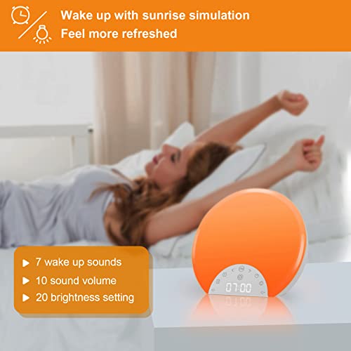 Sunrise Alarm Clock Wake Up Light for Kids, Adults, Heavy Sleepers with Dual Alarms, Snooze, Sleep Aid with 7 Nature Sounds for Bedrooms with 8 Colors Night light, FM Radio, Gift Ideas