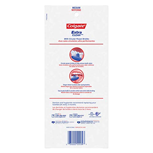 Colgate Extra Clean Toothbrush, Medium Bulk Toothbrush Pack, Adult Medium Bristle Toothbrushes with Ergonomic Handle and Circular Cleaning Bristles, Helps Remove Surface Stains, 6 Pack