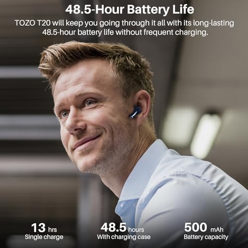 TOZO T20 Wireless Earbuds Bluetooth Headphones 48.5 Hrs Playtime with LED Digital Display, IPX8 Waterproof, Dual Mic Call Noise Cancelling 10mm Broad Range Speakers with Wireless Charging Case Blue