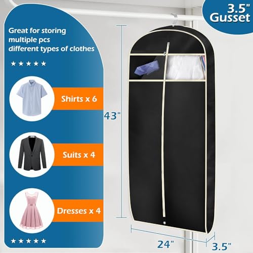 MISSLO 43" Gusseted Travel Garment Bag with Accessories Zipper Pocket Breathable Suit Garment Cover for Shirts Dresses Coats, Black