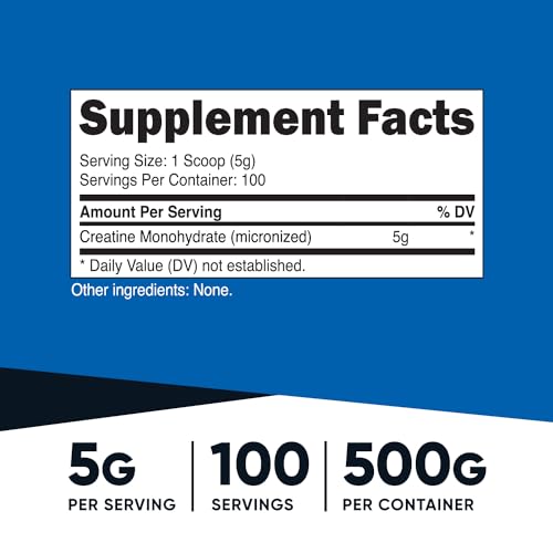Nutricost Creatine Monohydrate Micronized Powder 500G, 5000mg Per Serv (5g) - Micronized Creatine Monohydrate, 100 Servings, 17.637 Ounes