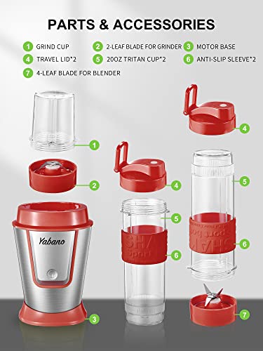 Personal Blender with 2 x 20oz Travel Bottle and Coffee/Spices Jar, Portable Smoothie Blender and Coffee Grinder in One, 500W Single Serve Blender for Shakes and Smoothies, BPA free, by Yabano (Red)
