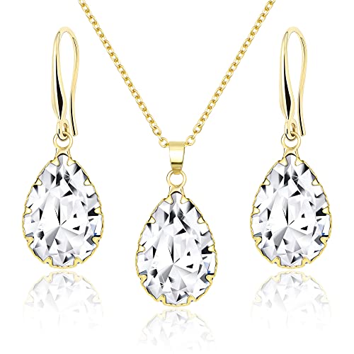 Linawe Crystal Jewelry Sets for Women, Diamond Pendant Necklace, Rhinestone Drop Dangle Earrings, Matching Wedding Jewelry, Birthstone Cubic Zirconia, 14K Gold/Rose Gold/Silver Tones
