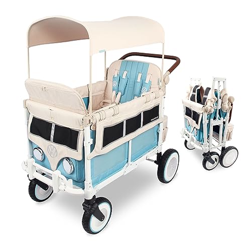 WONDERFOLD Volkswagen Quad Stroller Wagon (4 Seater) - Collapsible Wagon Stroller with VW Bumper, Functioning Headlights, and All-Terrain XL Wheels, Bondi Blue