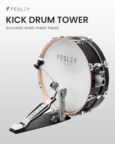 Fesley Electric Drum Set with Independent Kick Snare Drum HiHat Cymbal: Real Sample Sound Source, Bluetooth Electronic Drum Set with Dual Zone Mesh Drum Pad, Three Zone Cymbal Full Size Adult Drum Set