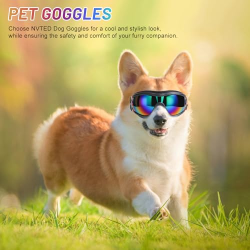 NVTED Dog Sunglasses Dog Goggles, UV Protection Wind Protection Dust Protection Fog Protection Pet Glasses Eye Wear Protection with Adjustable Strap for Medium or Large Dog (Laser)