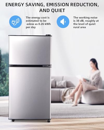 3.5 Cu.Ft Mini Fridge with Freezer, 2 Door Design Small Refrigerator, 7 Level Adjustable Thermostat, Compact Fridge for Dorm, Office, Kitchen and Apartment(Silver)
