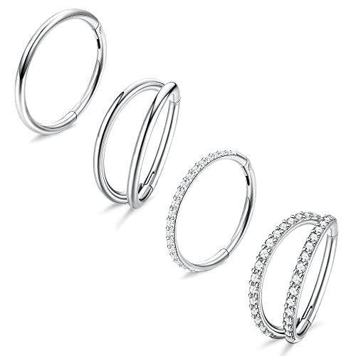 Dochais 4PCS 18G Nose Rings Hoops, Surgical Steel Earrings Tragus Septum Piercing CZ Clicker Septum Ring Hinged Segment Septum Conch Lip Cartilage Double Hoops 8mm 10mm For Women Men