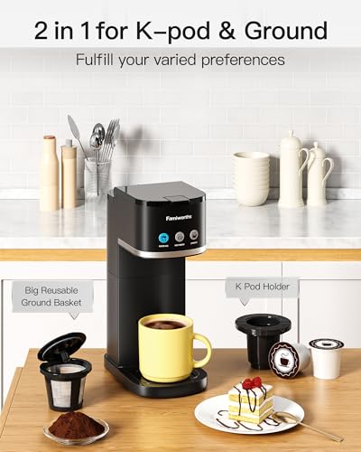 Famiworths Single Serve Coffee Maker, Iced and Hot Coffee Machine for K Cup & Ground Coffee, 6 to 16 Oz Brew Sizes, Fit 8.5" Travel Mug, Capsule Coffee Machine with Descaling Reminder, Black