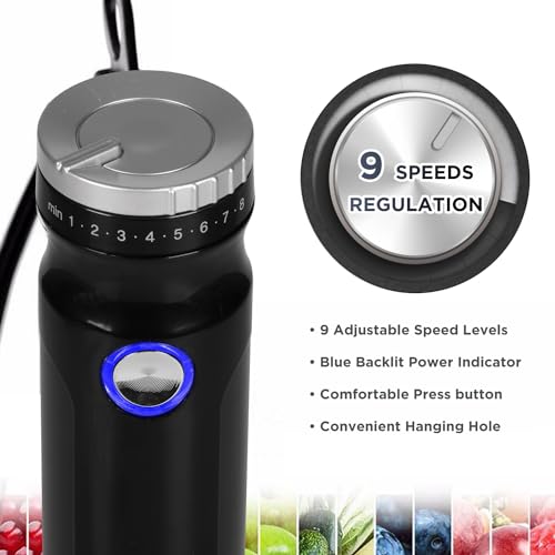 Magiccos Immersion Stick Hand Blender - 9 Speeds Contorl, Slim Stick Blender Wand, 350W DC Motor, For Shakes and Smoothies, Puree Baby Food & Soup, Whisk & Milk Frother Attachments(Black)
