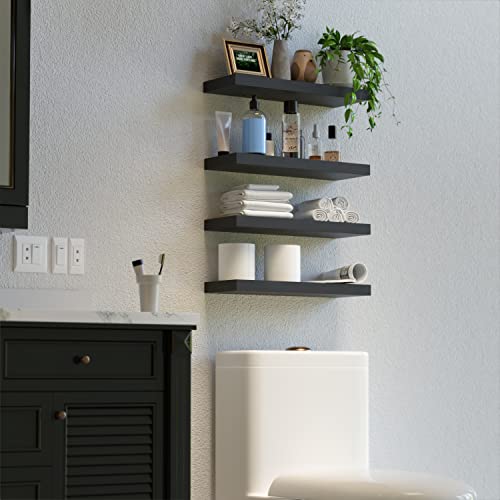 Black Floating Shelves for Wall, 4 Sets Black Wall Shelves Wall Mounted, Black Display Shelves for Bedroom Wall Decor, Wall Storage Shelf for Bathroom, Kitchen, Living Room – Black