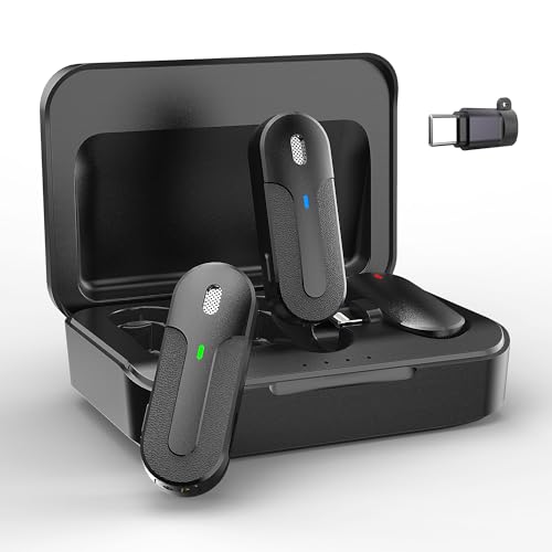 Wireless Lavalier Microphones for iPhone,Android,2 Pack 2.4G Clip on Lapel Mini Mic with Noise Cancellation for Video Recording,Interview,Vlog,Live Streaming