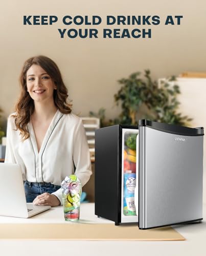 Upstreman 1.7 Cu.ft Mini Fridge with Freezer, Adjustable Thermostat, Energy Saving, Low Noise, Single Door Compact Refrigerator for Dorm, Office, Bedroom, Stainless- FR17