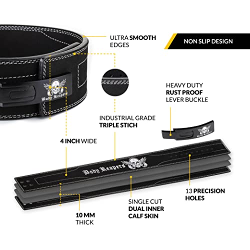 Body Reapers Weight Lifting Belt for Men & Women, Heavy Duty Lever Belt Weightlifting Belt Made of Calfskin Leather 10mm Thick, 4 Inch Wide - Powerlifting Belt for Back Support, Gym & Fitness Training