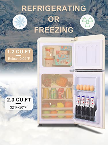 KRIB BLING 3.5 Cu.ft Compact Refrigerator, Mini Fridge with Freezer, Retro Design Small Refrigerator with 2 Door, 7 Level Thermostat for Home, Office, Dorm or Apartment, Cream white