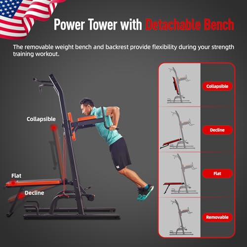 HARISON Multifunction Power Tower with Bench Pull Up Bar Dip Station for Home Gym Workout Strength Training Fitness Equipment