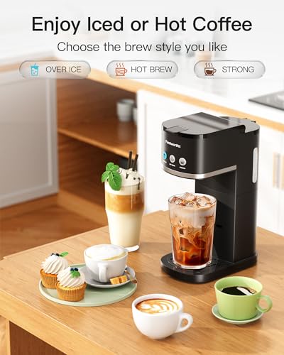 Famiworths Single Serve Coffee Maker, Iced and Hot Coffee Machine for K Cup & Ground Coffee, 6 to 16 Oz Brew Sizes, Fit 8.5" Travel Mug, Capsule Coffee Machine with Descaling Reminder, Black