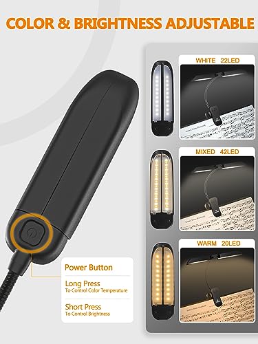 Vekkia Folding Music Stand Light, Portable 42 Led Rechargeable Super Bright Clip On Piano Lamp, Professional 5 Brightness×3 Color Temperature, Perfect for Grand Piano, Book Reading.