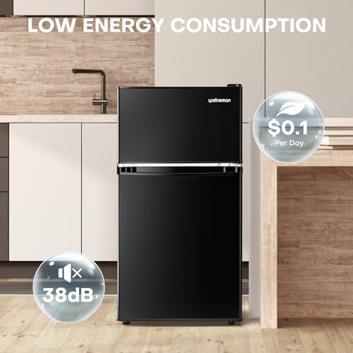 Upstreman 3.1 Cu.Ft Mini Fridge with Freezer, Double Door Mini Fridge, Adjustable Thermostat, Energy Saving, Mini Fridge for Office, Dorm, Bedroom, Black
