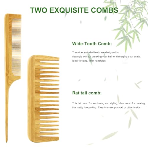 MRD Hair Brush Set, Natural Bamboo Comb Paddle Detangling Hairbrush, Wide-tooth and tail comb No Bristle, suit for Women Men and Kids Thick/Thin/Curly/Dry Hair Gift kit Yellow