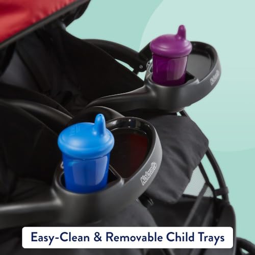 Kolcraft Cloud Plus Side-by-Side Lightweight Double Baby Stroller and Toddler Stroller with Reclining Seats, Child and Parent Trays, Large Storage, Extendable Canopies, Compact Fold - Red/Black