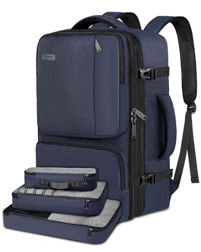 Vancropak Carry on Backpack, Airline Approved 45L Travel Backpack with 3 Packing Cubes for Men Women, Water Resistant Expandable Weekender Luggage Daypack Suitcase Duffel Bag, Gift for Travelers, Blue