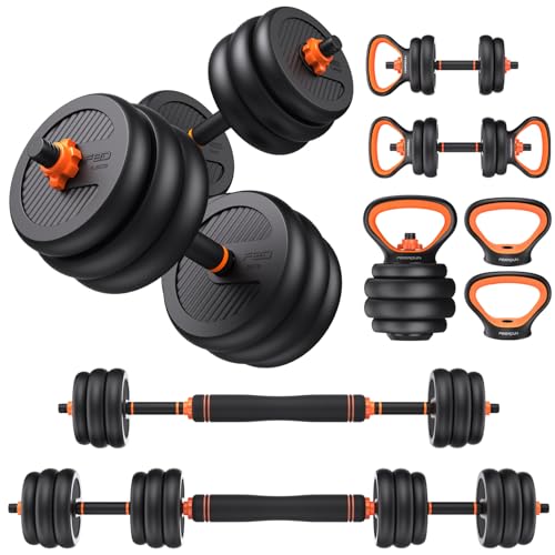 FEIERDUN Adjustable Dumbbells, 20/30/40/50/70/90lbs Free Weight Set with Connector, 4 in1 Dumbbells Set Used as Barbell, Kettlebells, Push up Stand, Fitness Exercises for Home Gym Suitable Men/Women