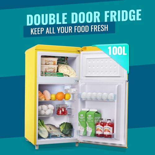 WANAI Small Refrigerator with Freezer 3.5 Cu.Ft Mini Fridge for Bedroom Dual Door Adjustable Shelves Dorm Refrigerator Suitable for Home Garage Office College Yellow