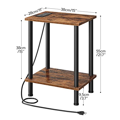 HOOBRO Side/End Table with Charging Station, USB Ports and Outlet, Nightstand with 2-Layer Storage Shelves for Small Spaces, Living Room, Bedroom, Stable Frame, Rustic Brown BF09UBZ01