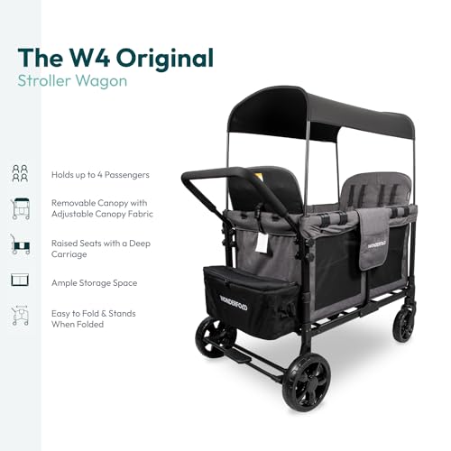 WONDERFOLD W4 Original Quad Stroller Wagon (4 Seater) - Collapsible Wagon Stroller with Seats with 5-Point Harnesses, Easy Access Zipper Door, and Removable Sun Canopy, Gray