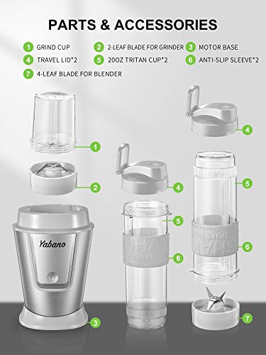 Personal Blender with 2 x 20oz Travel Bottle and Coffee/Spices Jar, Portable Smoothie Blender and Coffee Grinder in One, 500W Single Serve Blender for Shakes and Smoothies, BPA free, by Yabano (Grey)